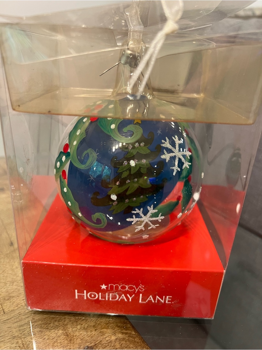 Macy's Blue Hand-Painted Glass Christmas Tree Ornament with Green & Red Accents